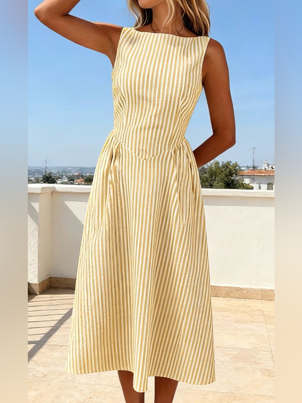 Striped Yellow Midi Dress with Tie Waist